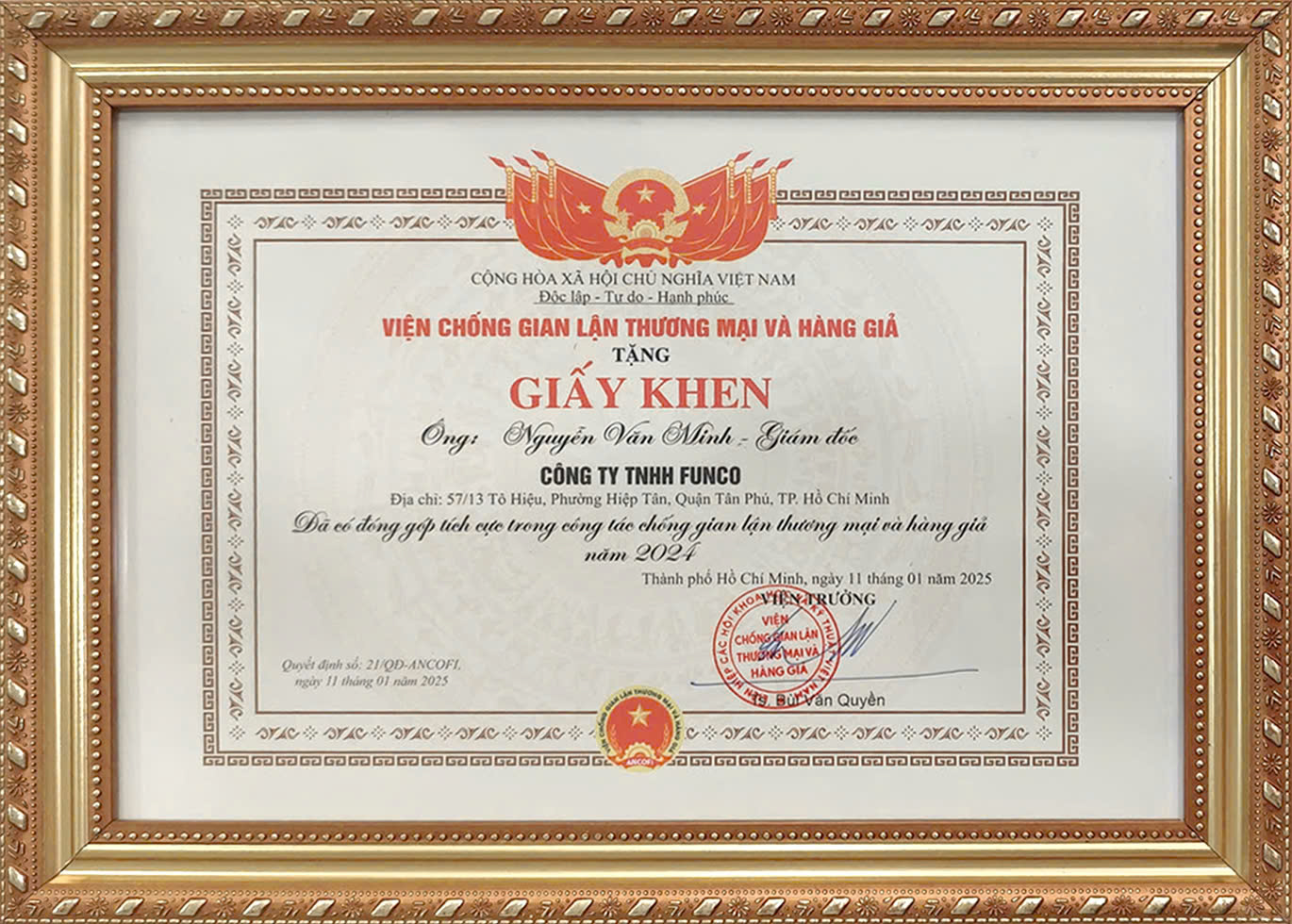 Giấy khen từ Viện Chống Gian Lận Thương Mại Và Hàng Giả