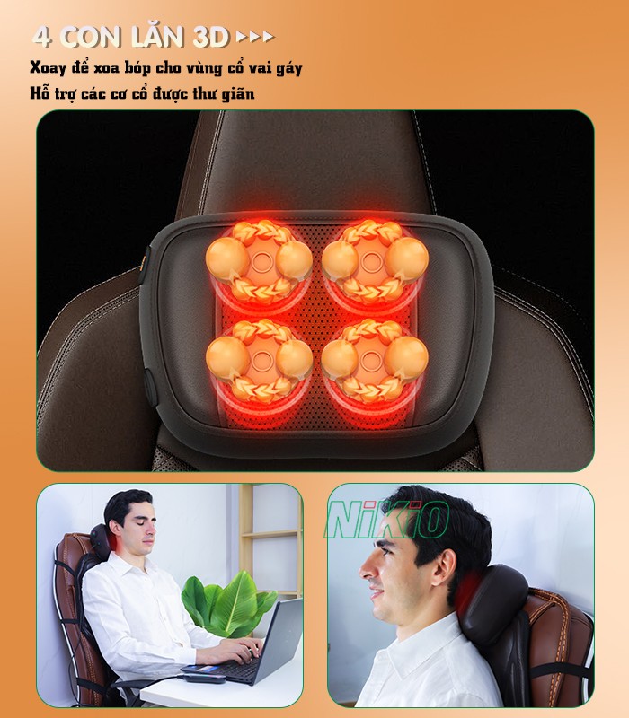 Nệm massage toàn thân đa năng 4 con lăn 3D xoa bóp cổ Nikio NK-150