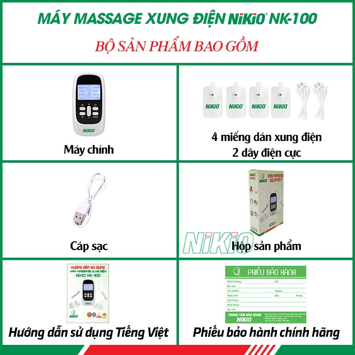 Bộ sản phẩm máy massage xung điện 4 miếng dán pin sạc Nikio NK-100