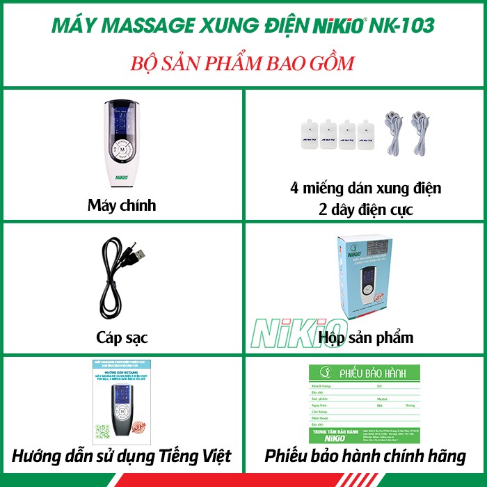 Bộ sản phẩm máy massage xung điện 4 miếng dán pin sạc Nikio NK-103