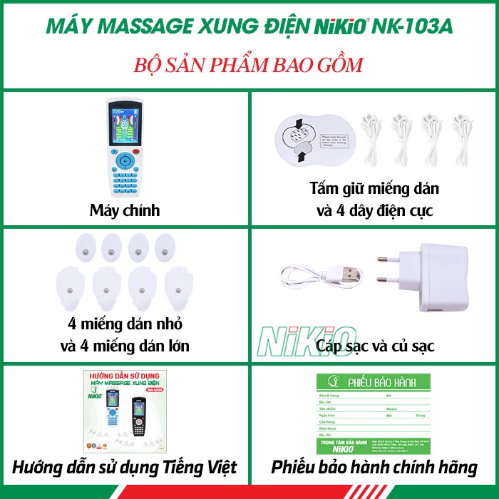 Bộ sản phẩm của máy massage xung điện Nikio NK-103A