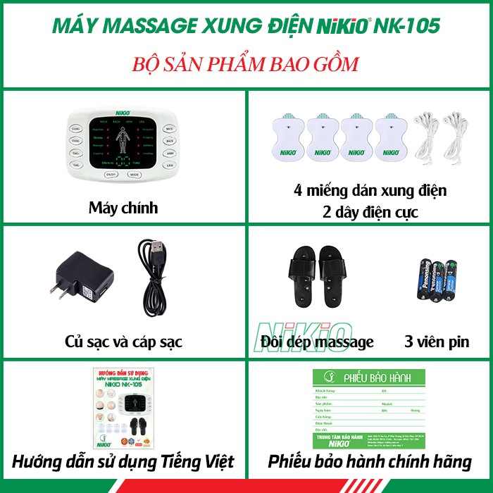 Bộ sản phẩm máy massage xung điện 4 miếng dán và đôi dép trị liệu bàn chân Nikio NK-105