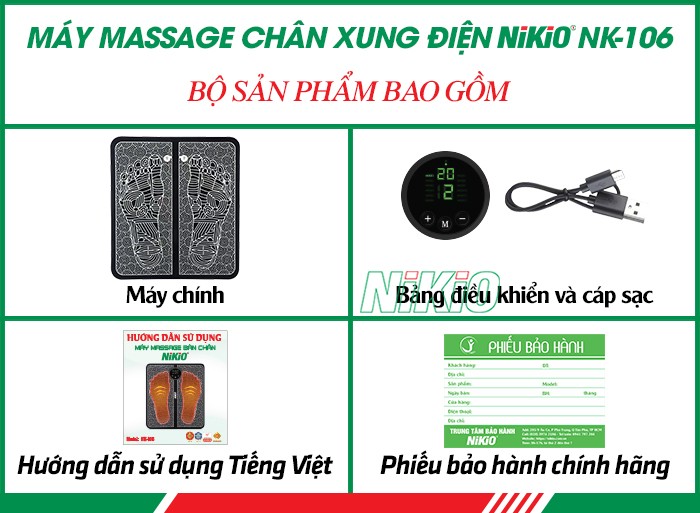 Bộ sản phẩm của máy massage chân xung điện Nikio NK-106