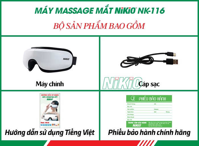 Bộ sản phẩm bao gồm của máy massage mắt Nikio NK-116