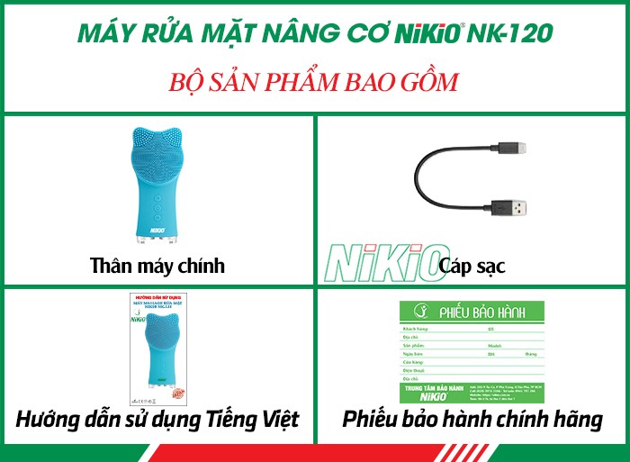 Bộ sản phẩm máy massage rửa mặt pin sạc cao cấp Nikio NK-120