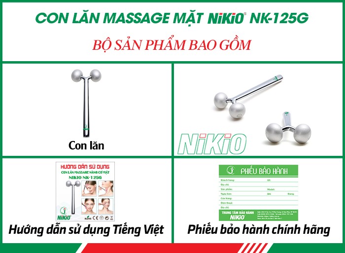Bộ sản phẩm gồm có của máy con lăn massage mặt Nikio NK-125G