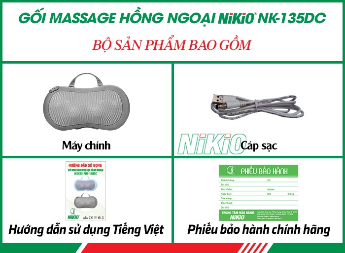 Bộ sản phẩm bao gồm gối massage hồng ngoại Nikio NK-135DC