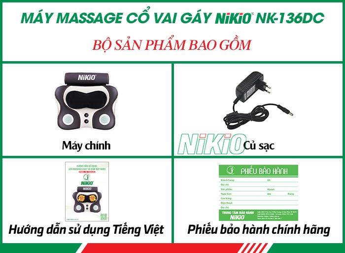 Bộ sản phẩm máy massage đấm bóp cổ vai gáy, lưng cao cấp Nikio NK-136DC