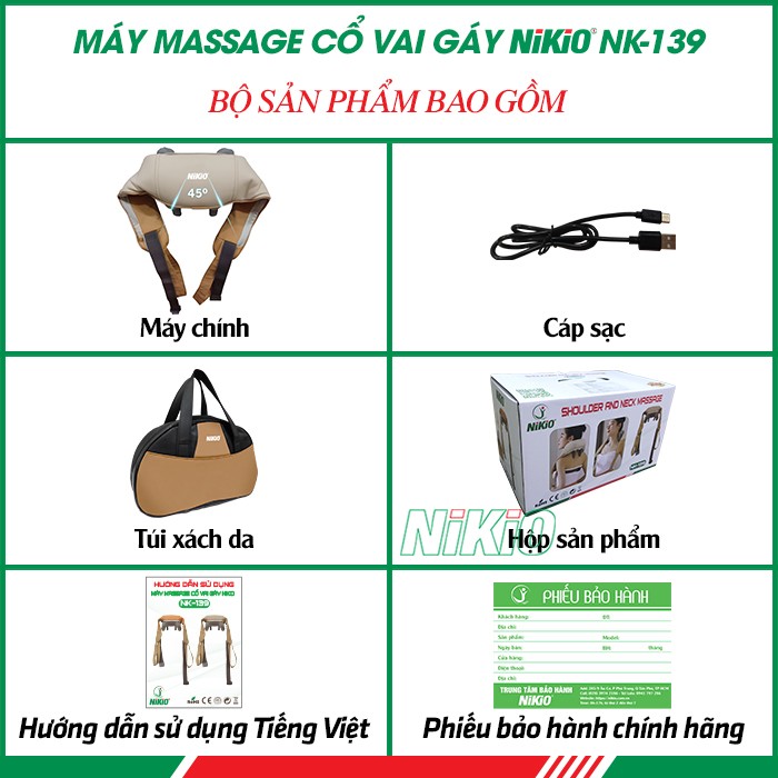 Bộ sản phẩm bao gồm của máy massage cổ vai gáy Nikio NK-139