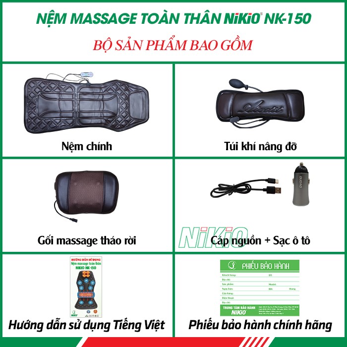 Bộ sản phẩm bao gồm của nệm massage toàn thân Nikio NK-150
