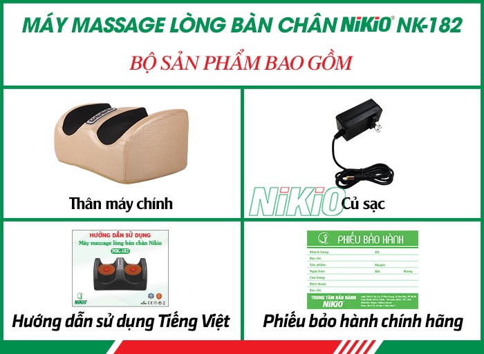 Bộ sản phẩm bao gồm của máy massage lòng bàn chân Nikio NK-182