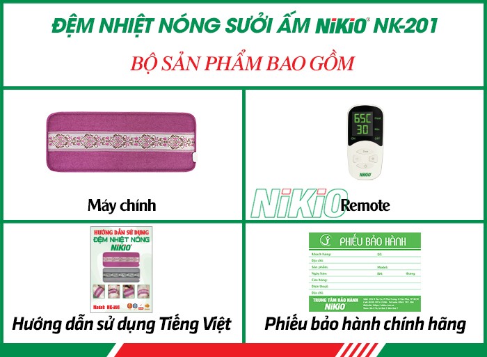 Bộ sản phẩm bao gồm của đệm nhiệt nóng sưởi ấm Nikio NK-201