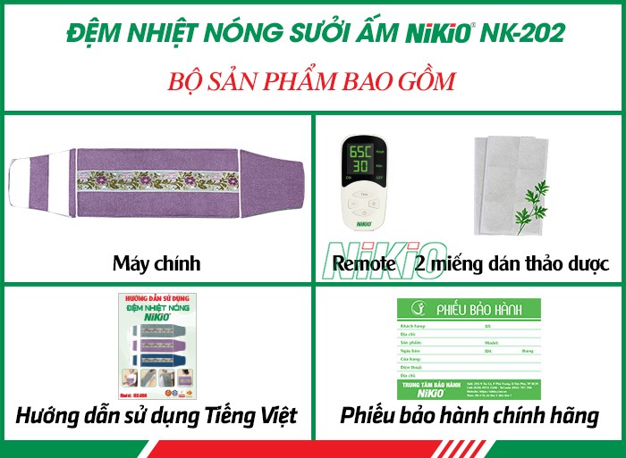 Bộ sản phẩm gồm có của đệm nhiệt nóng sưởi ấm Nikio NK-202