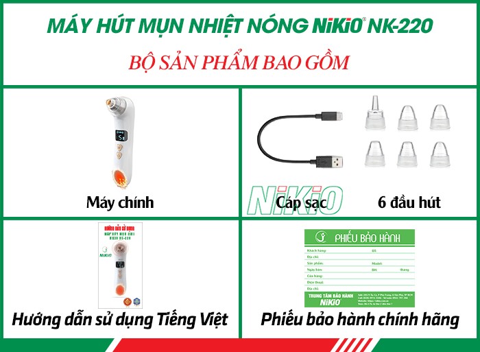 Bộ sản phẩm máy hút mụn đầu đen kết hợp massage nhiệt nóng Nikio NK-220