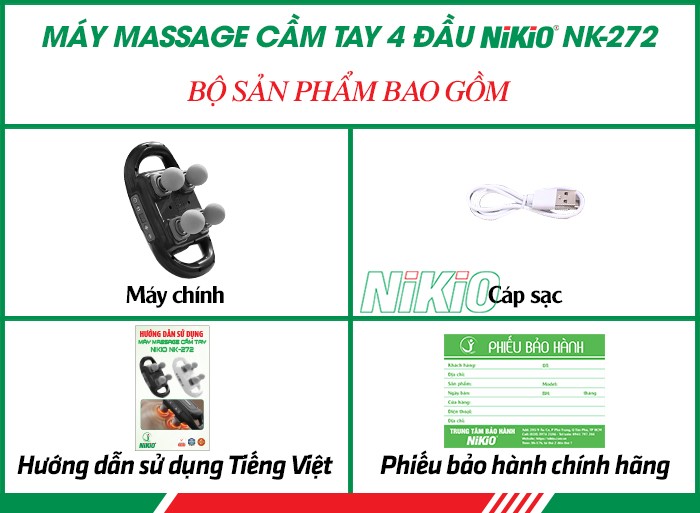 Bộ sản phẩm bao gồm của máy massage cầm tay 4 đầu Nikio NK-272