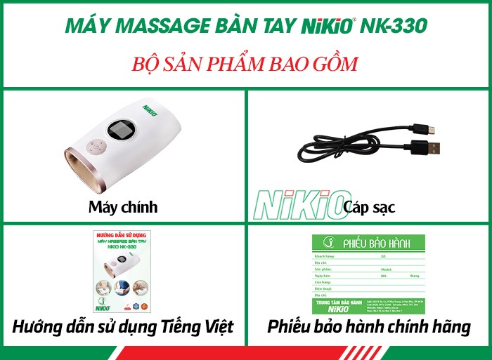 Bộ sản phẩm gồm có của máy massage bàn tay Nikio NK-330