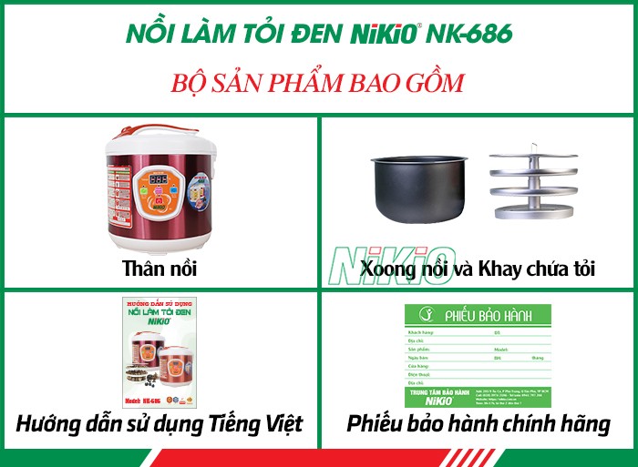 Bộ sản phẩm bao gồm của nồi tỏi đen Nikio NK-686