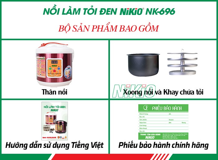 Bộ sản phẩm bao gồm của nồi tỏi đen Nikio NK-696