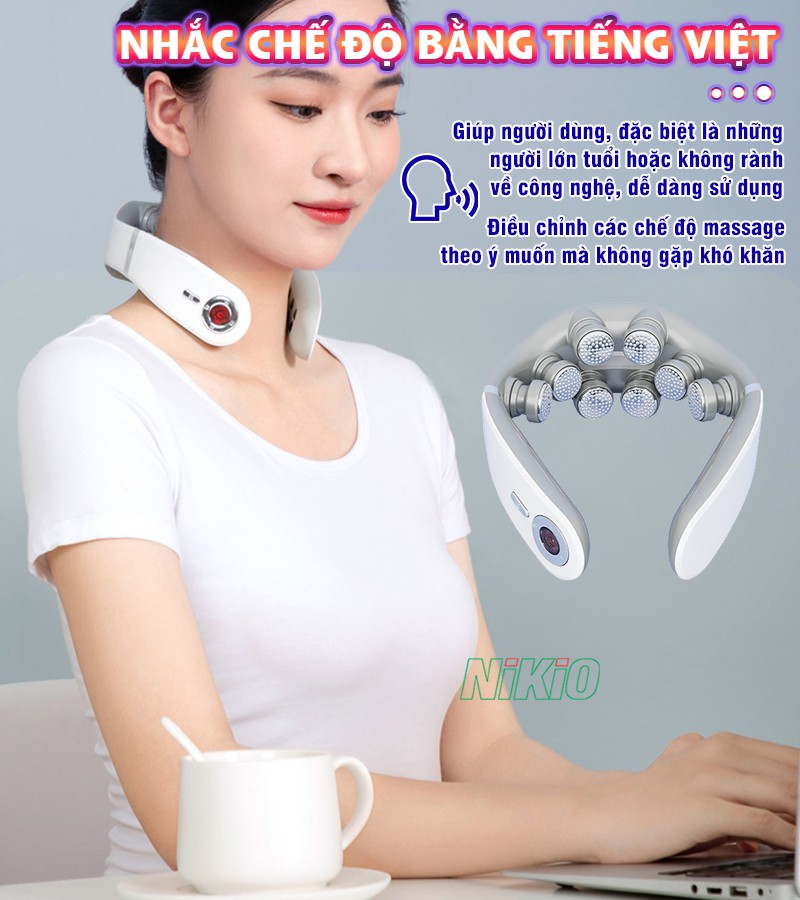 Máy massage cổ xung điện 8D nhắc chế độ bằng tiếng việt Nikio NK-131